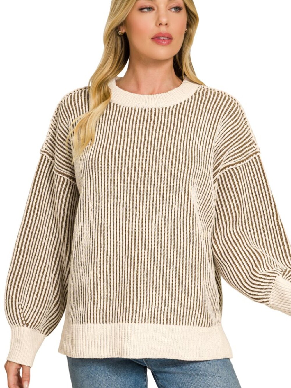 NWT Zenana Cream and Brown Ribbed Crewneck Sweater